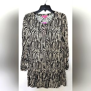 Betsey Johnson Women's Abstract Zebra, Rayon Challis Flounce Hem Dress. Size XS